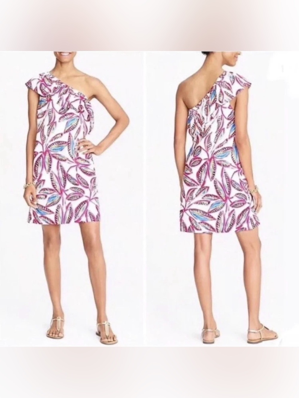 J. Crew cotton linen one shoulder ruffle white pink blue leaf print dress medium